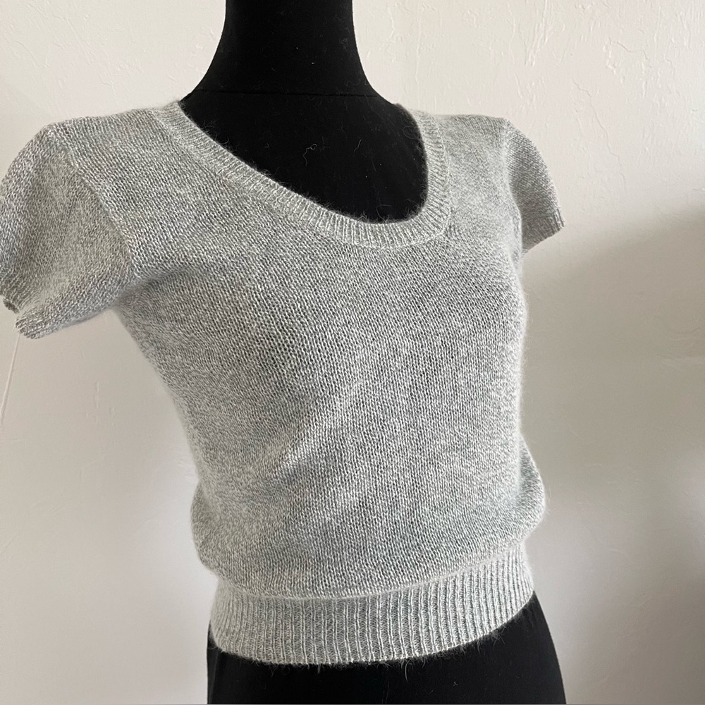 VINTAGE 1980s Lambswool Angora Scoop Neck Cap Sleeve Lightweight Grey Sweater M
